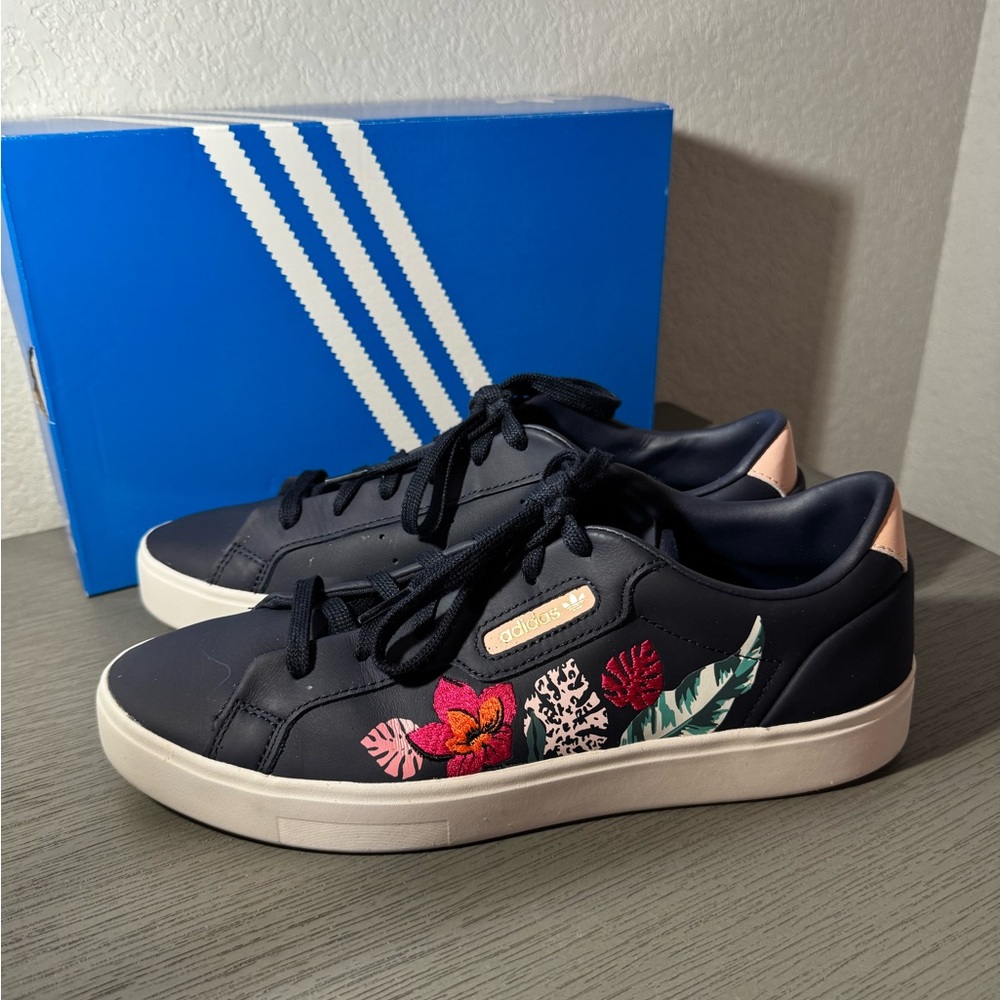 Adidas Women's Navy Sneakers with Floral Embroidery